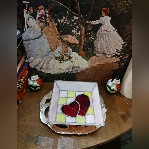 Handmade Stained glass heart ❤️💖 Candy 🍬 Dish Pink/Yellow and Red🥣Nice!🏘🎁 - Picture 10 of 11